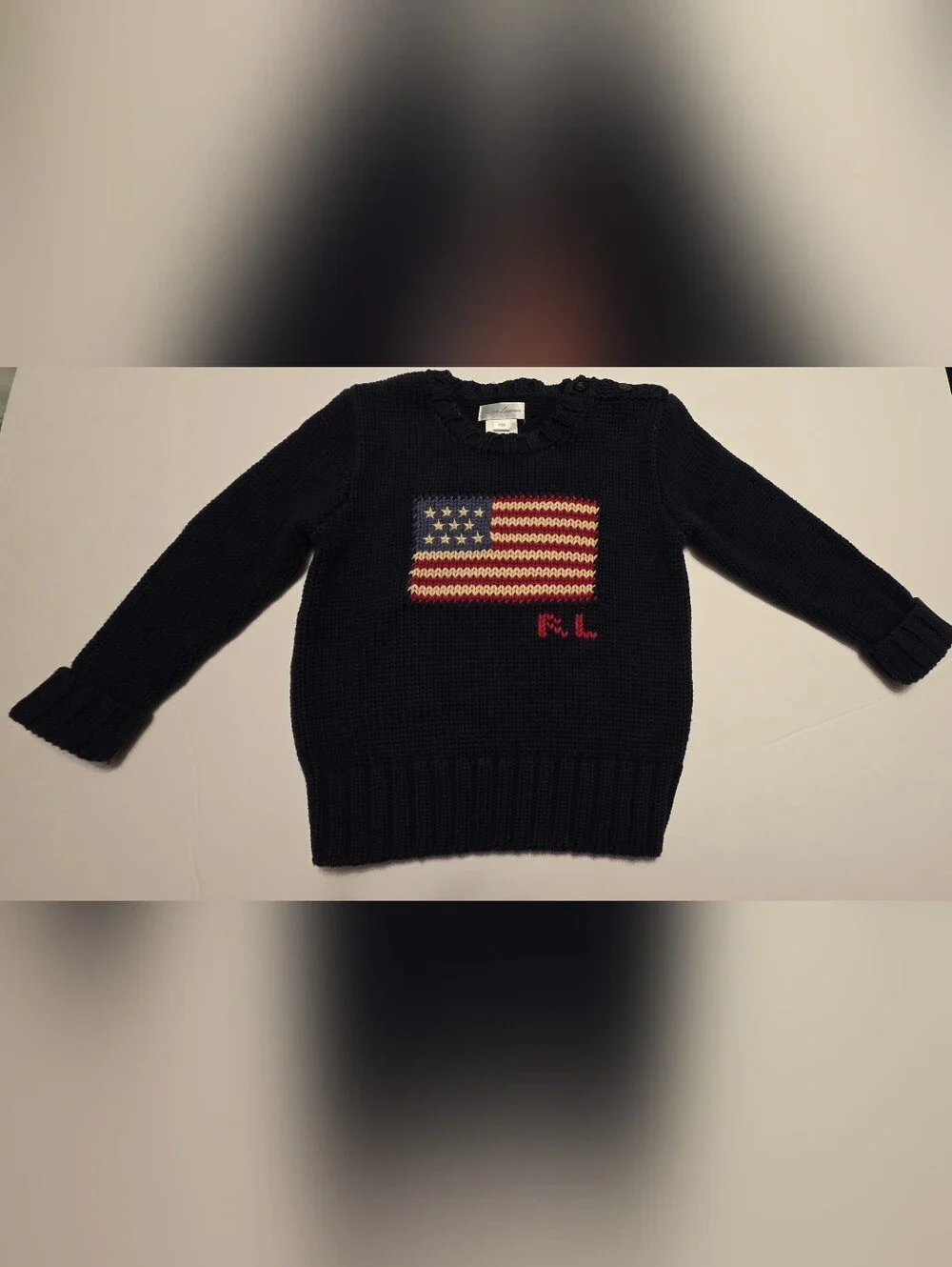 Ralph Lauren Black Knit Crewneck Sweater with Flag Embroidery